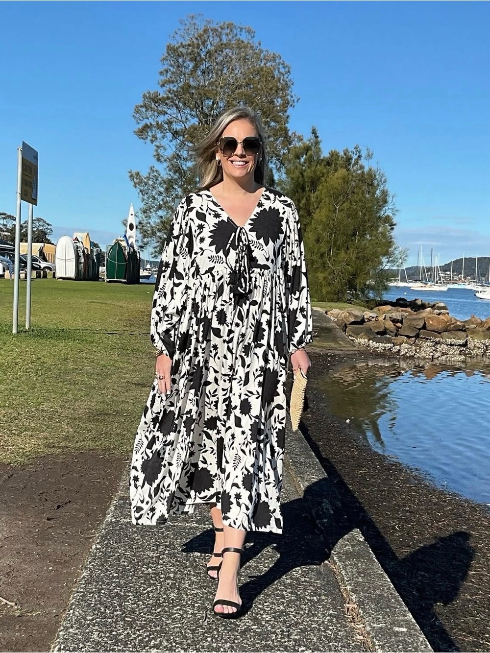 Black & White Floral V-Neck Midi Dress with puffy Sleeves